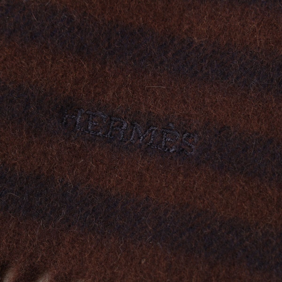 Hermes Cashmere Fringe Border Scarf Brown Navy — view 5