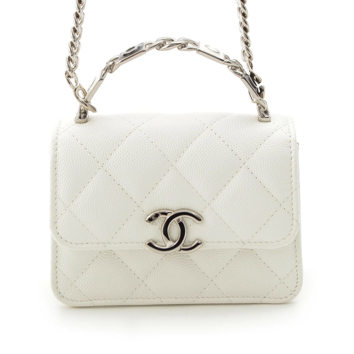 Chanel Caviar Leather Metal Top Handle 2-Way Mini Chain Shoulder Handbag White