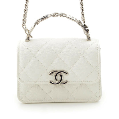 Chanel Caviar Leather Metal Top Handle 2-Way Mini Chain Shoulder Handbag White