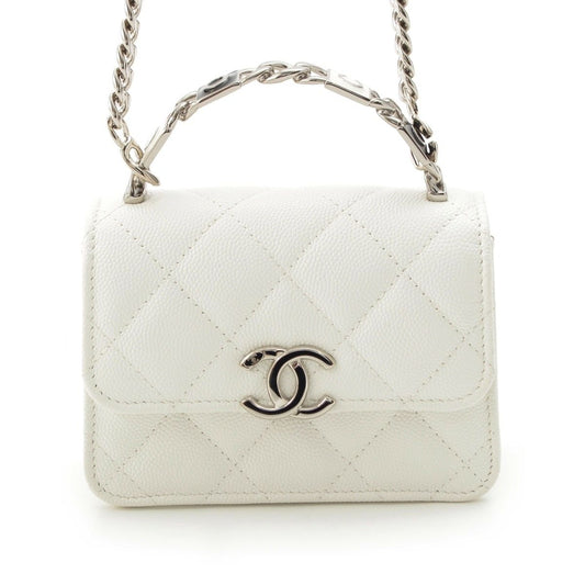 Chanel Caviar Leather Metal Top Handle 2-Way Mini Chain Shoulder Handbag White