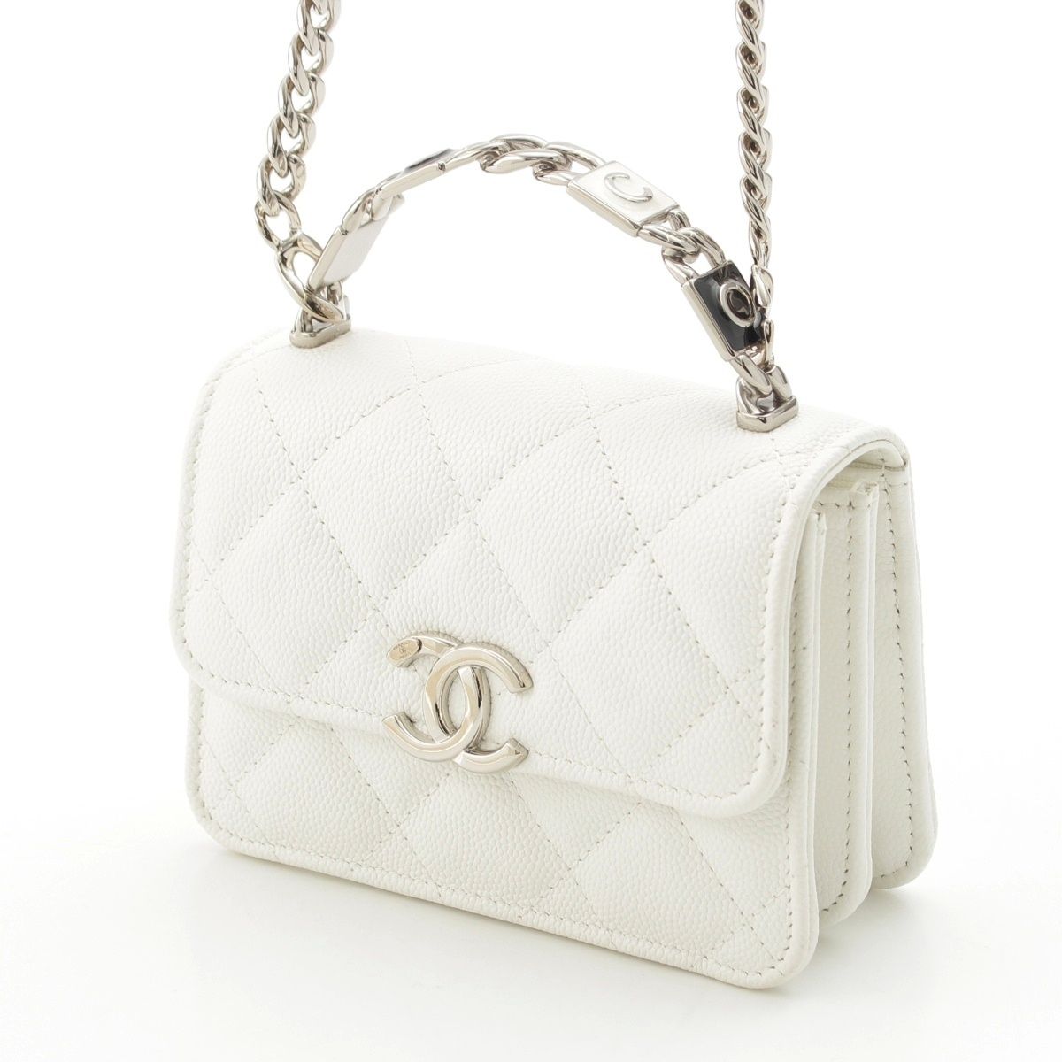 Chanel Caviar Leather Metal Top Handle 2-Way Mini Chain Shoulder Handbag White — view 2