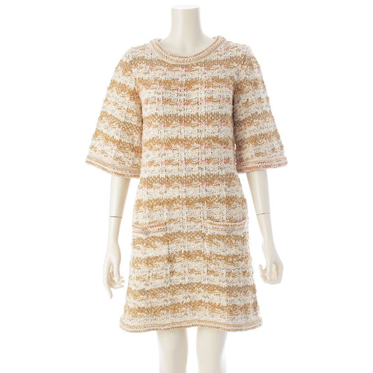 Chanel Tweed Gripoix Mix Knit Dress Beige 36