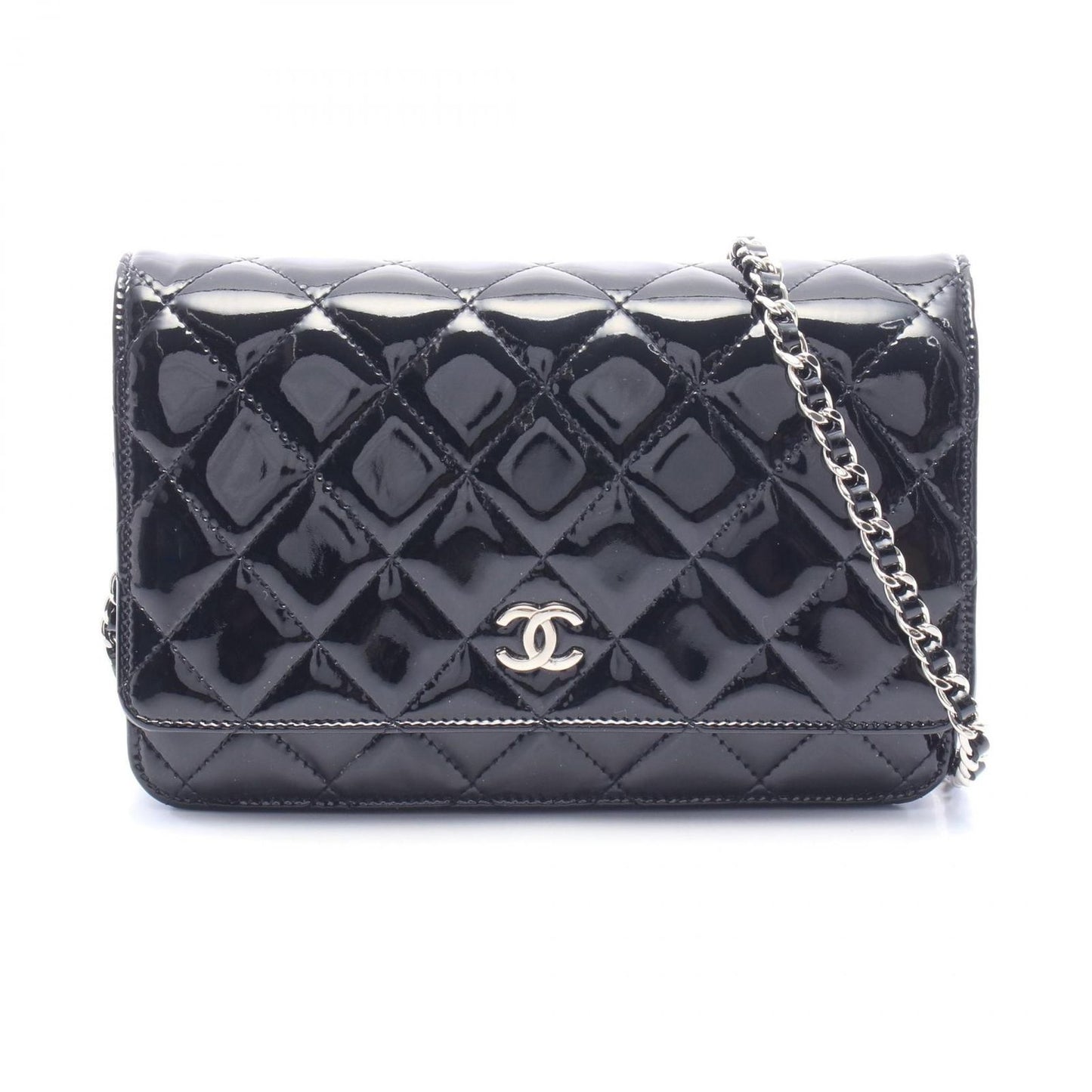 Chanel Shoulder Bag Quilted Black Patent Leather Chain Wallet