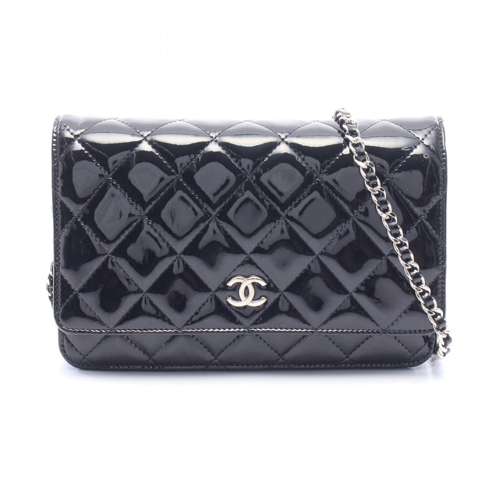 Chanel Shoulder Bag Quilted Black Patent Leather Chain Wallet