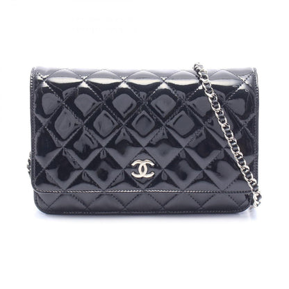 Chanel Shoulder Bag Quilted Black Patent Leather Chain Wallet