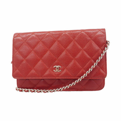 Chanel Wallet on Chain Quilted Caviar Leather Red Silver Shoulder Bag