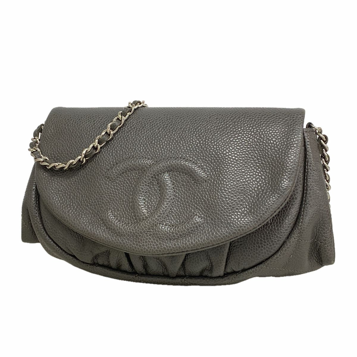 Chanel Shoulder Bag Quilted Caviar Leather Gray Silver