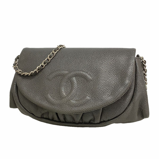 Chanel Shoulder Bag Quilted Caviar Leather Gray Silver