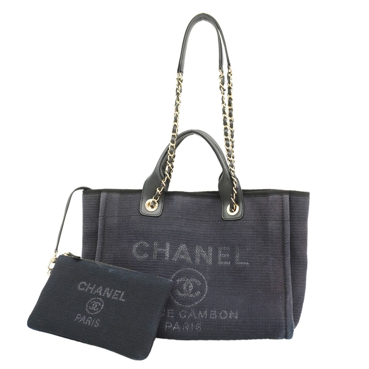 Chanel Chain Tote Bag Deauville Canvas Black Champagne Gold