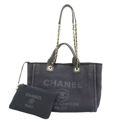 Chanel Chain Tote Bag Deauville Canvas Black Champagne Gold