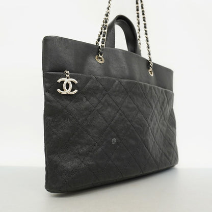 Chanel Chain Tote Bag Quilted Caviar Leather Black Silver — view 2