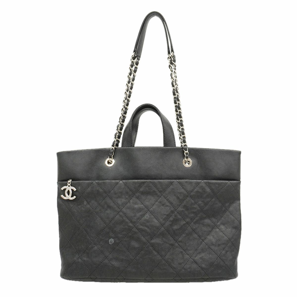 Chanel Chain Tote Bag Quilted Caviar Leather Black Silver