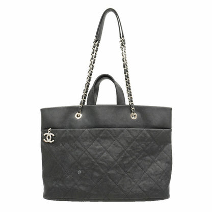 Chanel Chain Tote Bag Quilted Caviar Leather Black Silver