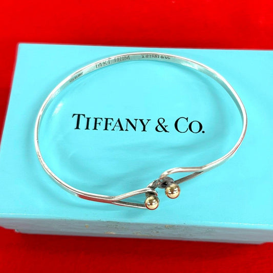 Tiffany & Co Vintage Hook Eye Double Heart Bangle Silver Bracelet