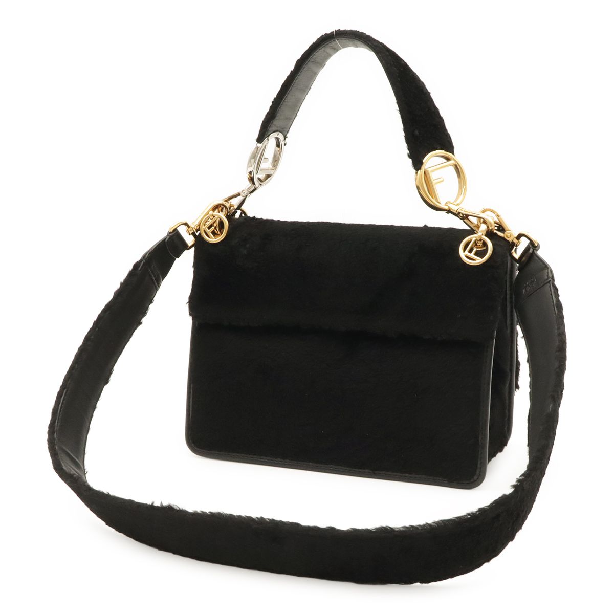 Fendi Kanaifu Logo Flap 2-Way Shoulder Bag Fur Leather Black — view 2