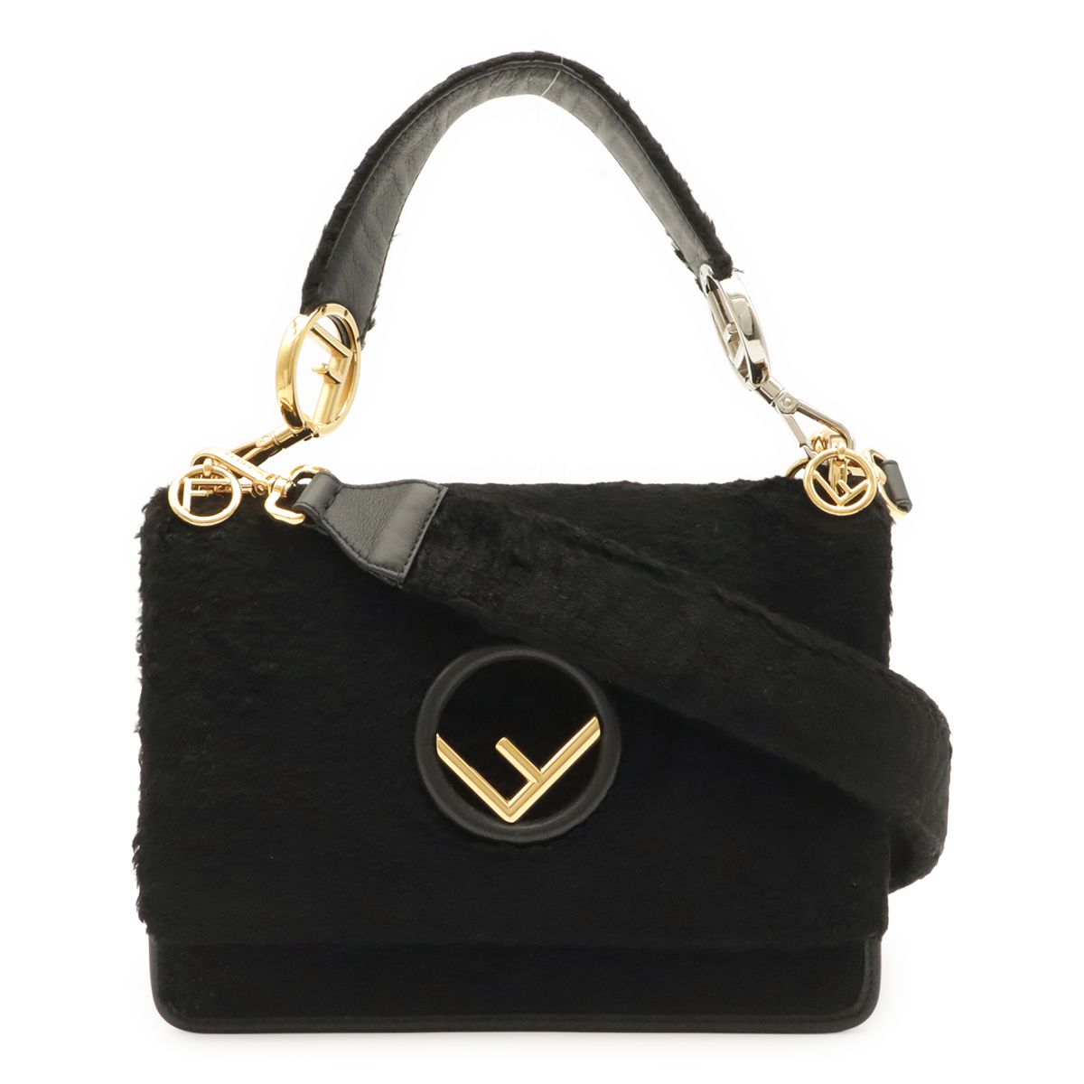 Fendi Kanaifu Logo Flap 2-Way Shoulder Bag Fur Leather Black
