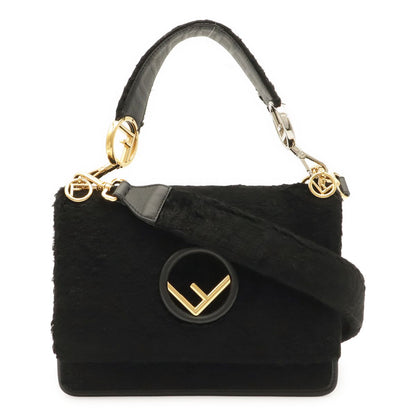 Fendi Kanaifu Logo Flap 2-Way Shoulder Bag Fur Leather Black