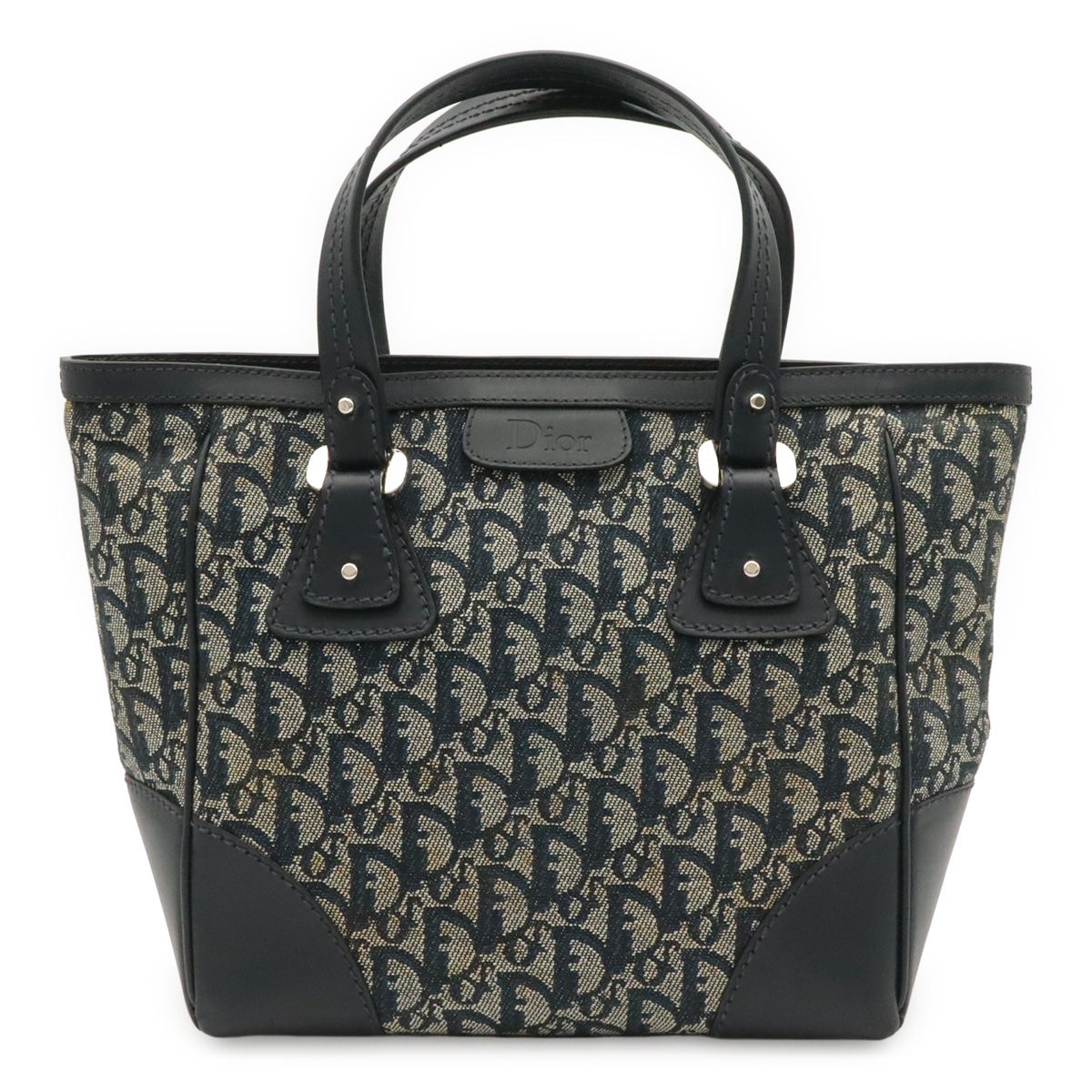 Dior Trotter Tote Bag Canvas Leather Navy Silver