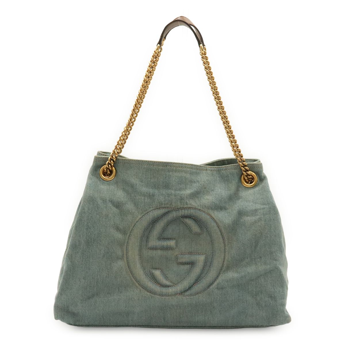 Gucci Soho Interlocking G Logo Chain Tote Shoulder Bag Denim Leather Light Blue