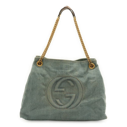Gucci Soho Interlocking G Logo Chain Tote Shoulder Bag Denim Leather Light Blue