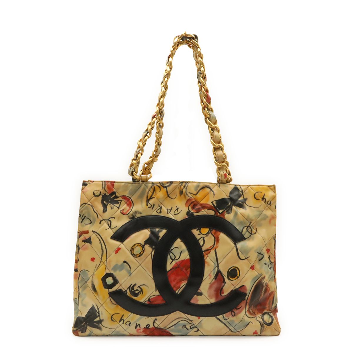 Chanel Quilted Jumbo CC Logo Chain Tote Shoulder Bag Multicolor Gold