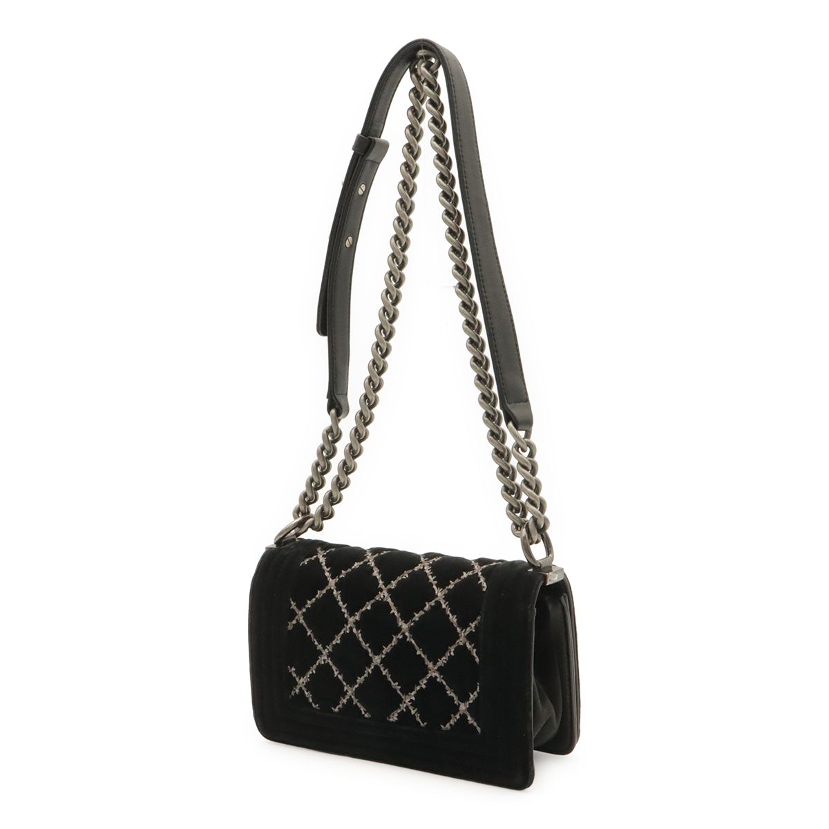 Chanel Boy Quilted CC Logo Chain Shoulder Bag Crossbody Velour Black Silver — view 2