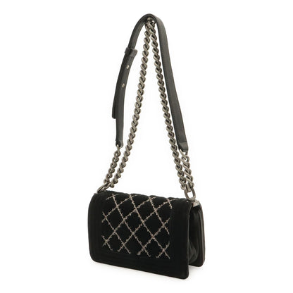 Chanel Boy Quilted CC Logo Chain Shoulder Bag Crossbody Velour Black Silver — view 2