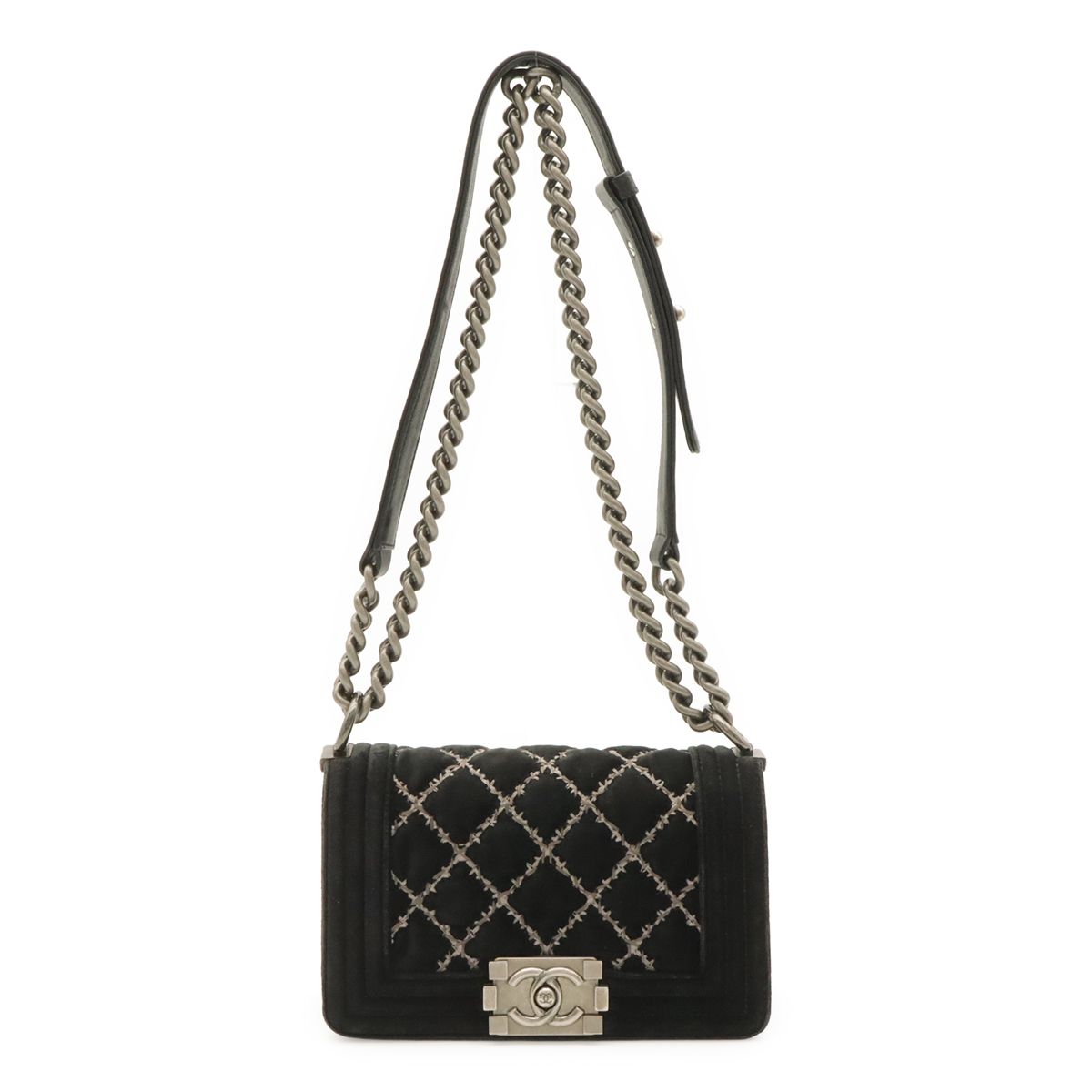 Chanel Boy Quilted CC Logo Chain Shoulder Bag Crossbody Velour Black Silver