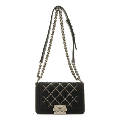 Chanel Boy Quilted CC Logo Chain Shoulder Bag Crossbody Velour Black Silver