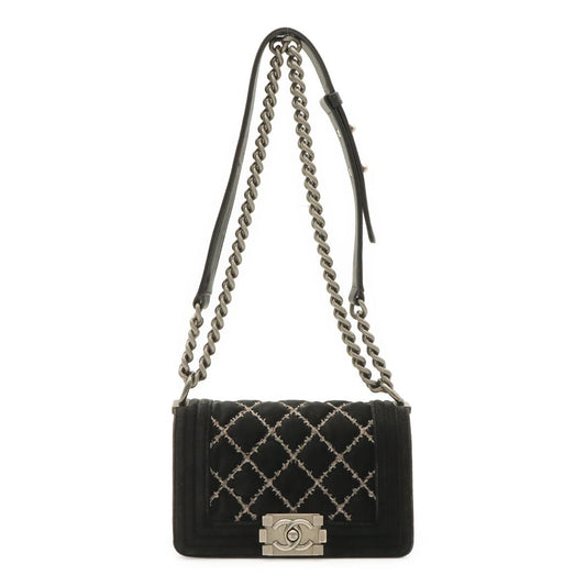 Chanel Boy Quilted CC Logo Chain Shoulder Bag Crossbody Velour Black Silver