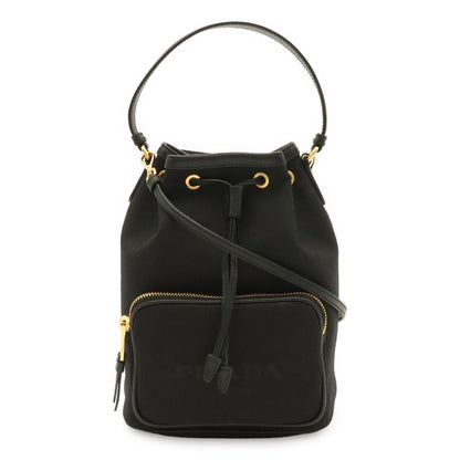 Prada Logo Jacquard Bucket Bag Drawstring 2-Way Canvas Leather Nero Black Gold