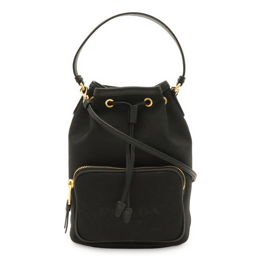 Prada Logo Jacquard Bucket Bag Drawstring 2-Way Canvas Leather Nero Black Gold