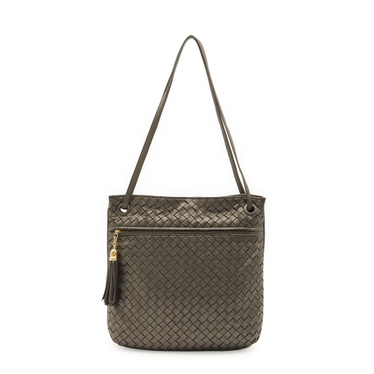 Bottega Veneta Intrecciato Shoulder Bag Tote Tassel Fringe Leather Metallic Gray