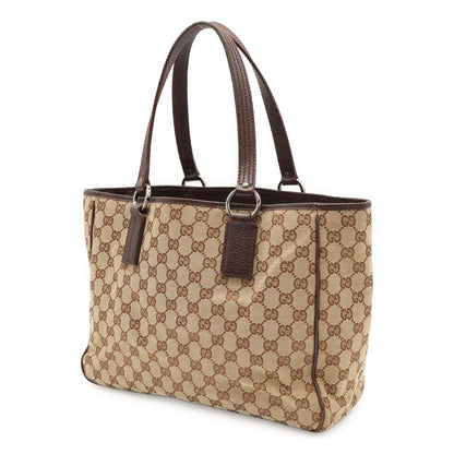 Gucci GG Canvas Tote Shoulder Bag Leather Khaki Beige Dark Brown Silver — view 2