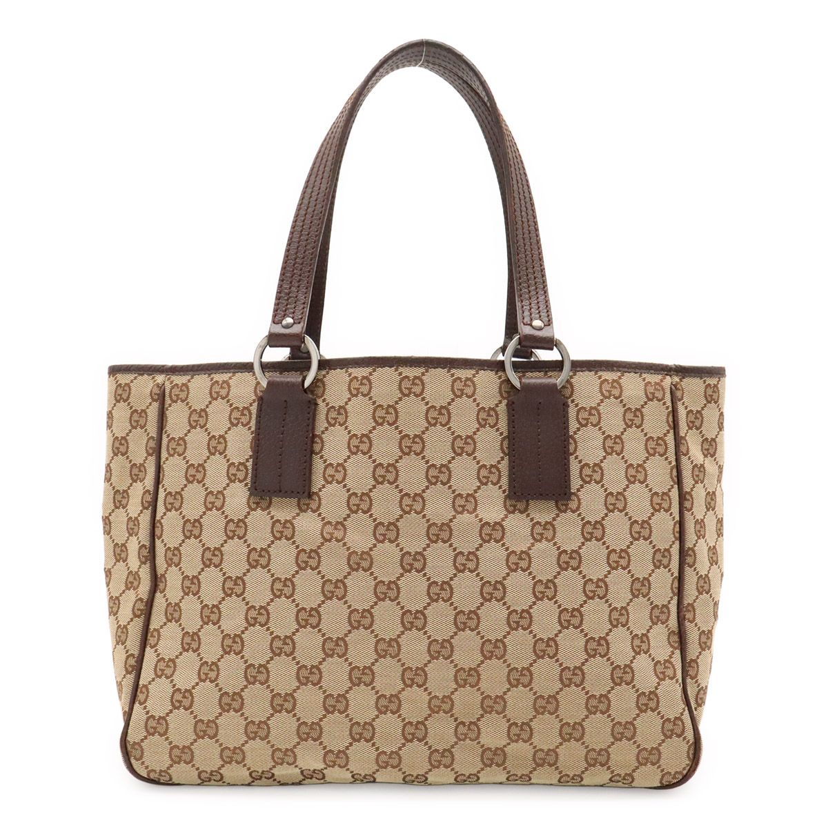 Gucci GG Canvas Tote Shoulder Bag Leather Khaki Beige Dark Brown Silver