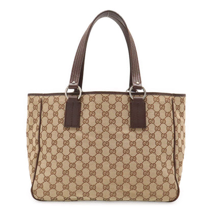 Gucci GG Canvas Tote Shoulder Bag Leather Khaki Beige Dark Brown Silver
