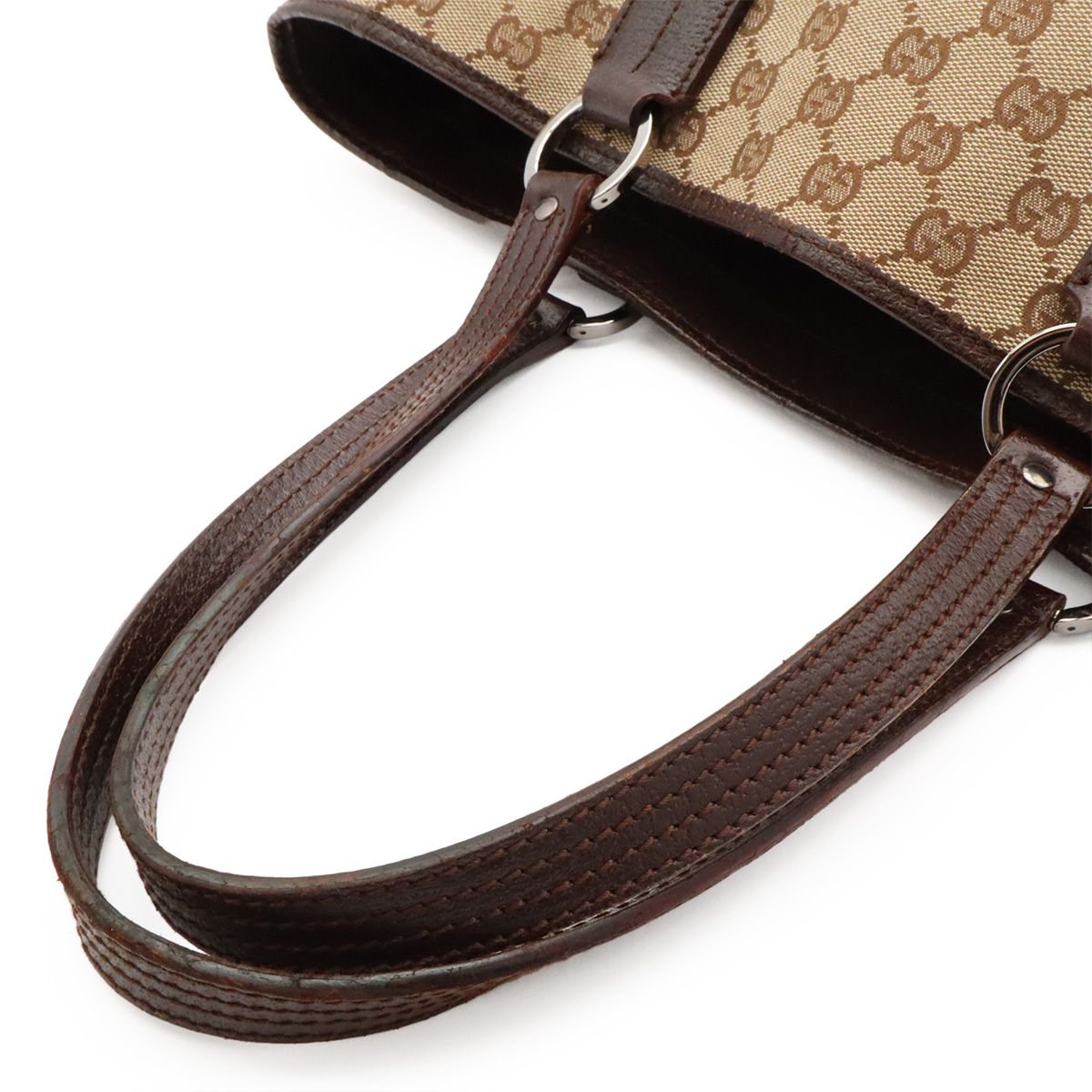 Gucci GG Canvas Tote Shoulder Bag Leather Khaki Beige Dark Brown Silver — view 4