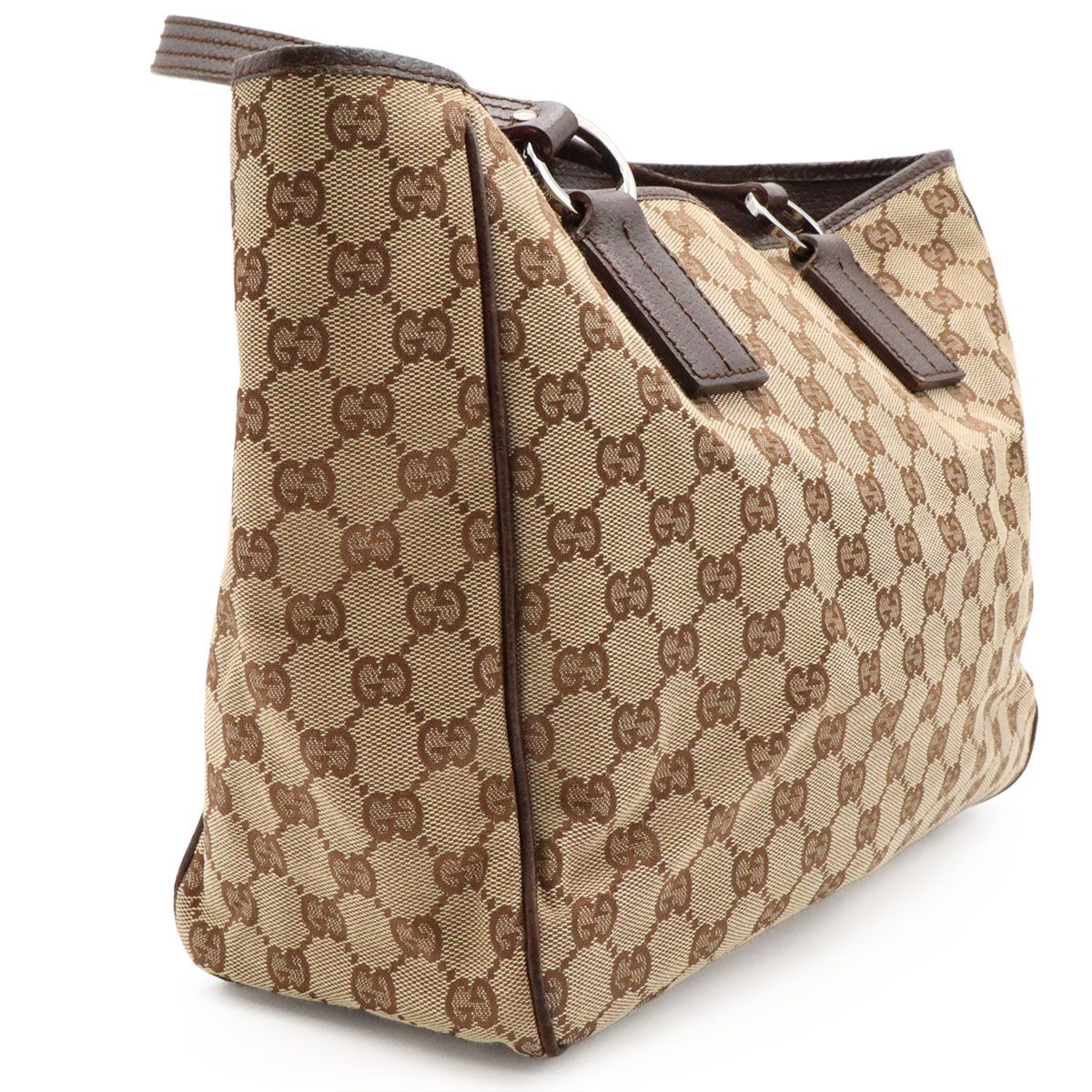 Gucci GG Canvas Tote Shoulder Bag Leather Khaki Beige Dark Brown Silver — view 6
