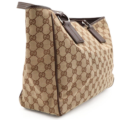 Gucci GG Canvas Tote Shoulder Bag Leather Khaki Beige Dark Brown Silver — view 6