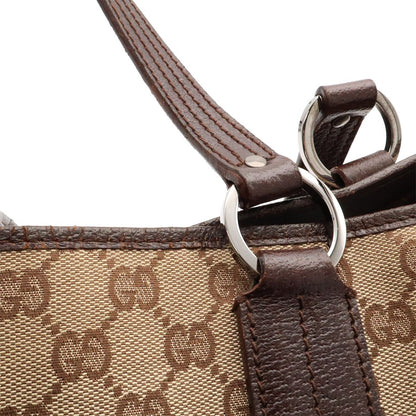 Gucci GG Canvas Tote Shoulder Bag Leather Khaki Beige Dark Brown Silver — view 5