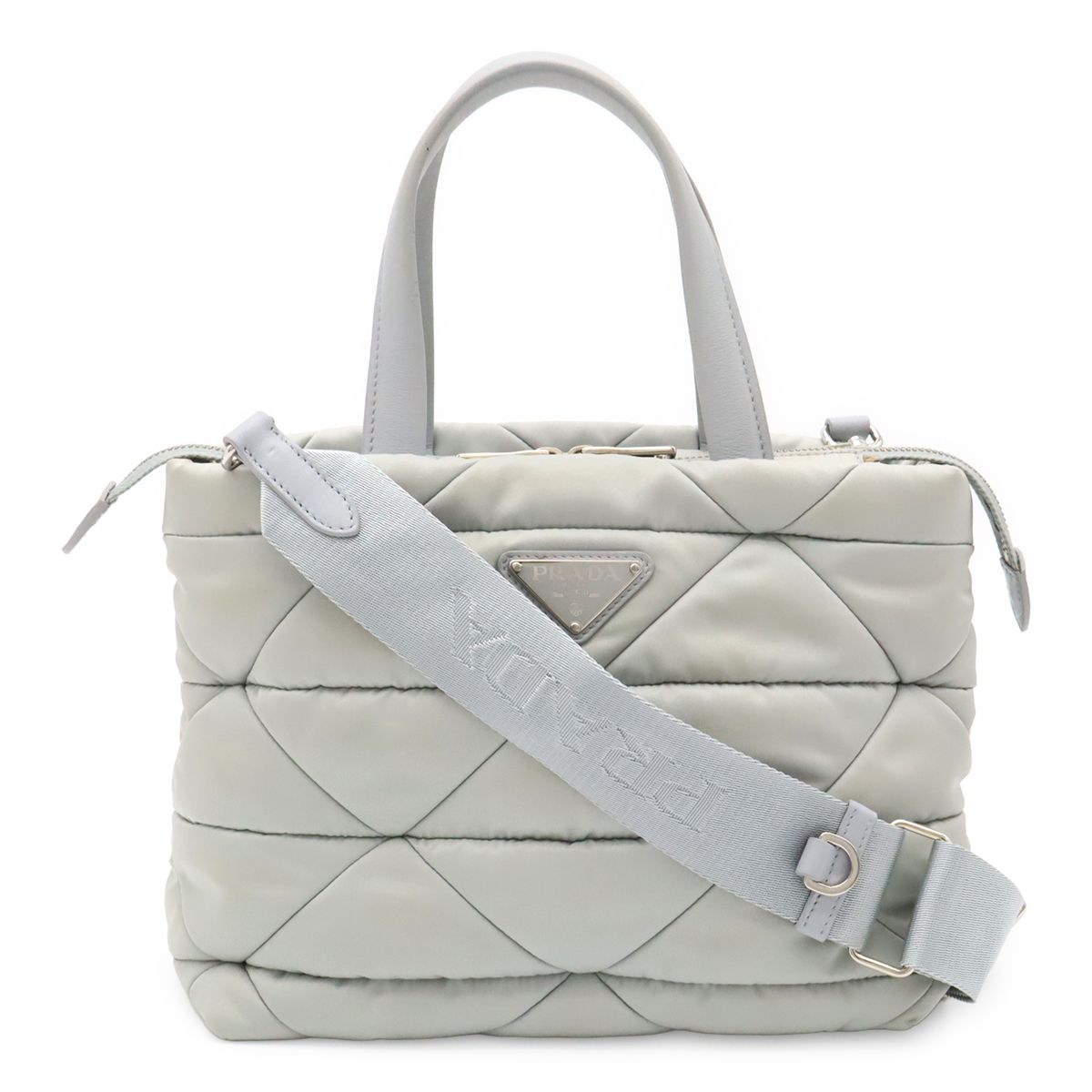 Prada Small Padded Tote 2-Way Shoulder Bag Nylon Opaline Blue Silver Pouch