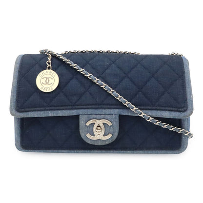 Chanel Medallion Quilted CC Logo Chain Shoulder Bag 2-Way Denim Blue Silver