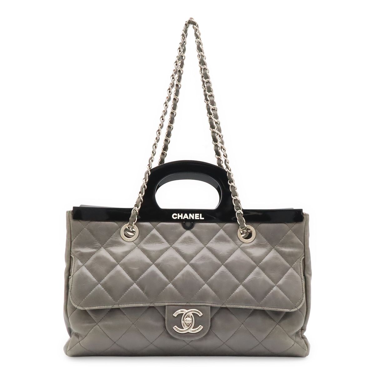 Chanel Quilted CC Delivery 2-Way Chain Shoulder Bag Calfskin Gray Black Silver