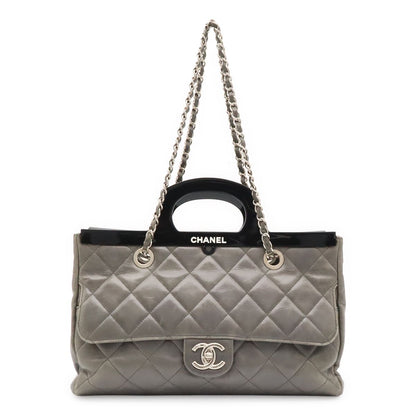 Chanel Quilted CC Delivery 2-Way Chain Shoulder Bag Calfskin Gray Black Silver