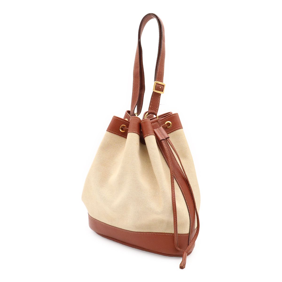 Hermes Market GM Shoulder Bag Drawstring Toile Ash Leather Beige Brown Gold — view 2