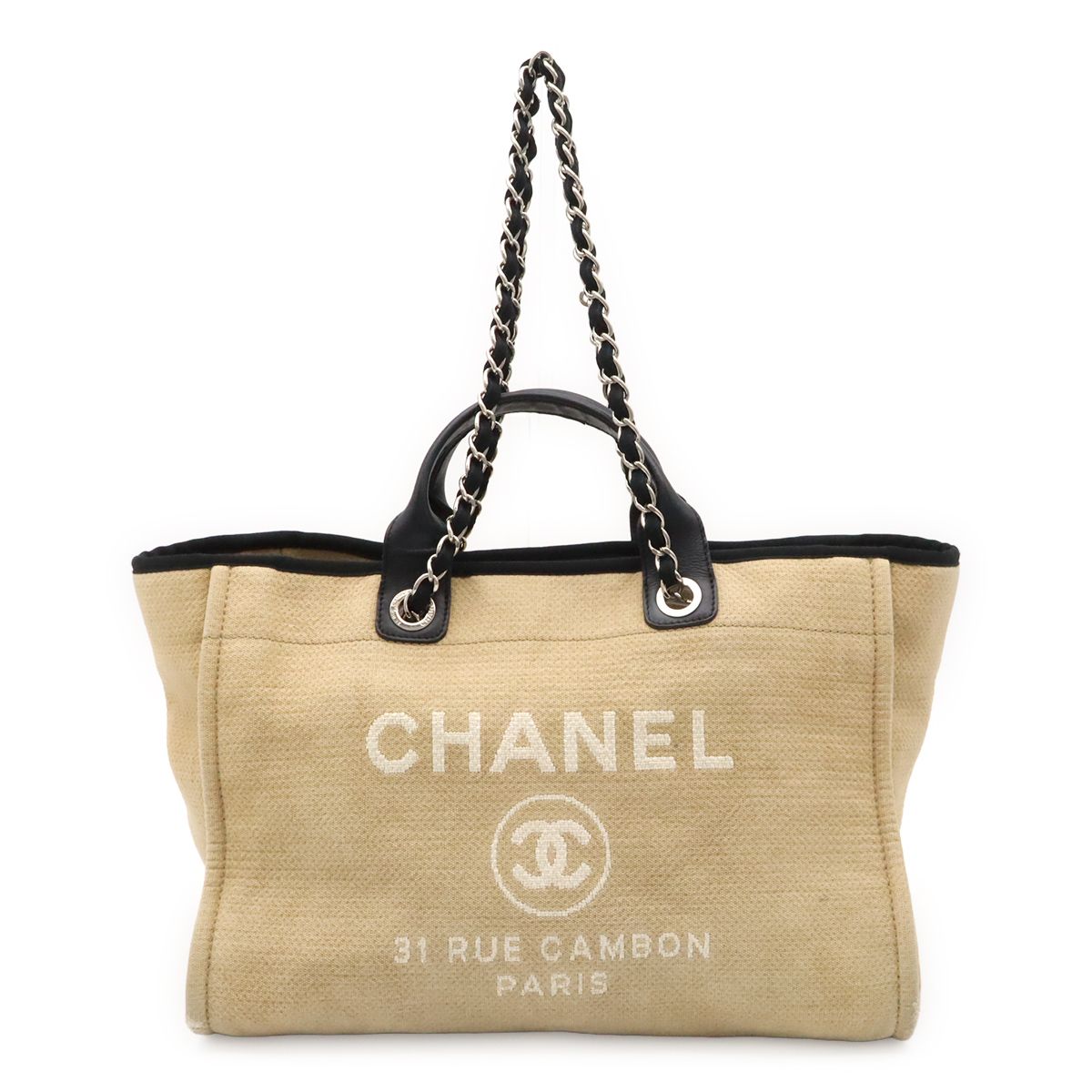 Chanel Deauville Line Large Shopping Tote Bag Chain Shoulder 2-Way Canvas Beige