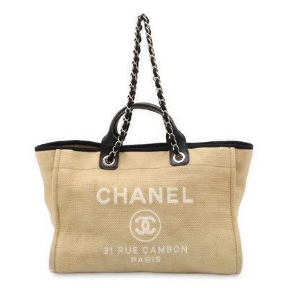 Chanel Deauville Line Large Shopping Tote Bag Chain Shoulder 2-Way Canvas Beige
