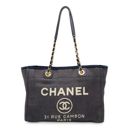 Chanel Deauville Line Tote MM Shoulder Bag Chain Denim Navy Gold