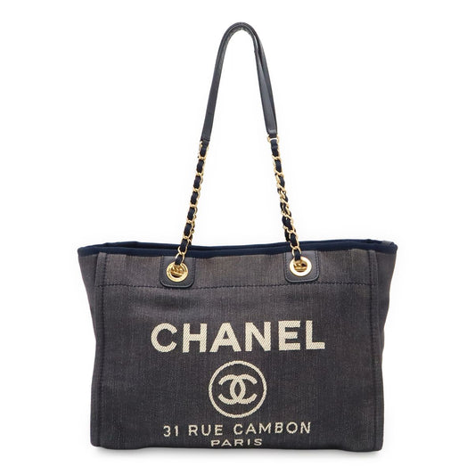 Chanel Deauville Line Tote MM Shoulder Bag Chain Denim Navy Gold