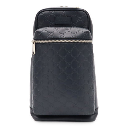Gucci Guccissima Cross Belt Bag Crossbody Leather Navy Blue Silver